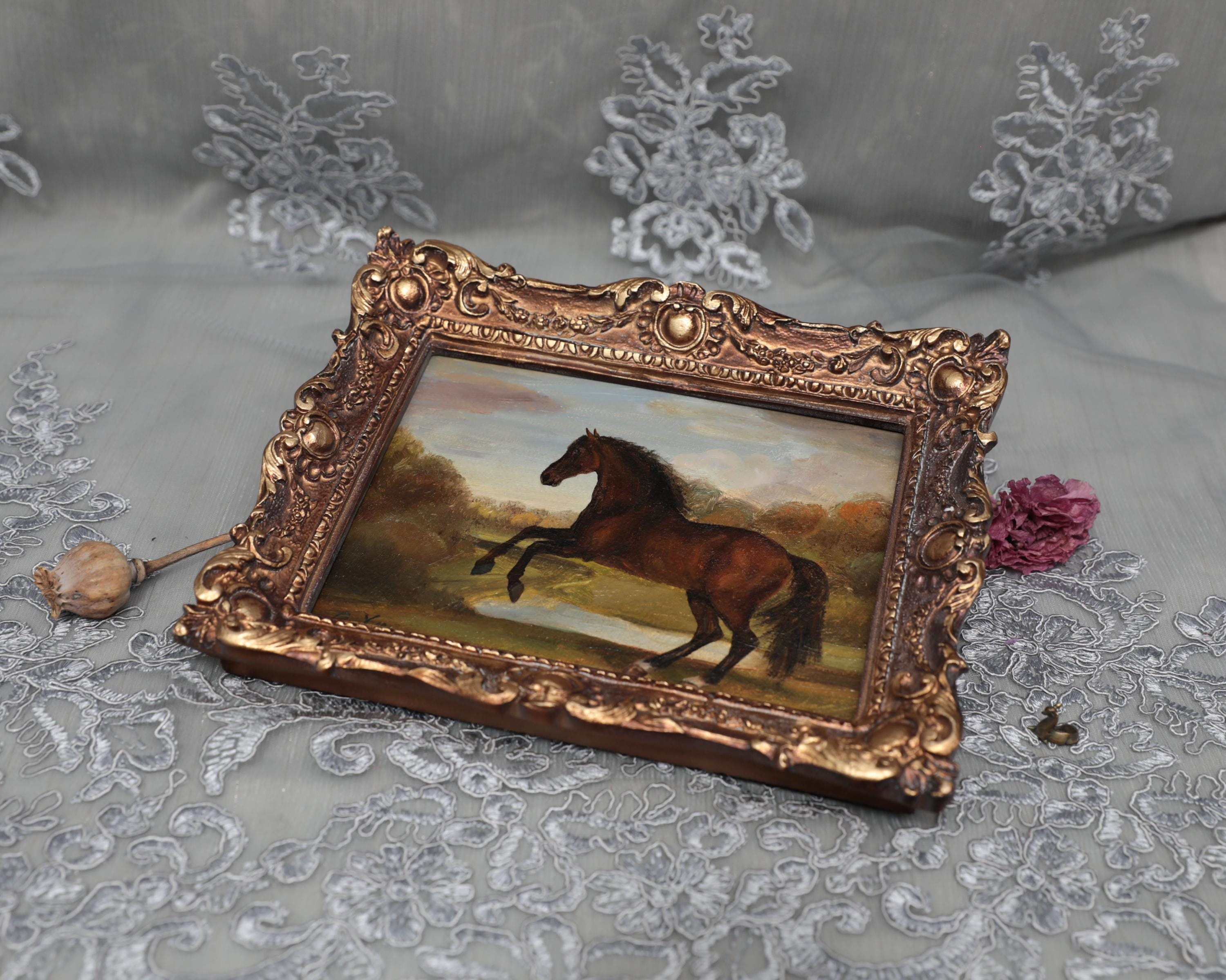 アンティークの金箔フレーム入りオリジナル馬油絵、馬の優雅さの響き