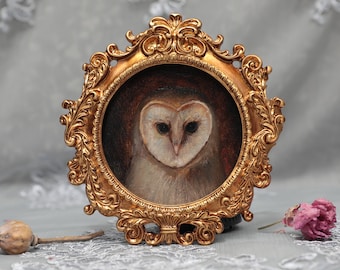 Original Barn Owl Oil Painting with Antiqued Gilt Frame, Owl Head Painting, Small Framed Wildlife Fine Art, NOT A PRINT