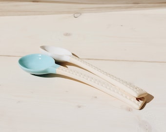 Ceramic Spoons Set of 2 | Serving Spoons | Salad Servers | Engraved Spoon | Handmade Pottery | Spoon Art | Tableware Sets | Large Spoon