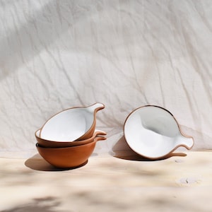 Ceramic Bowls With Handles Set of 4 | Ceramic Soup Bowls | Greek Pottery | Earthy Bowl Set | Stackable Soup Bowls | Bowls with Small Handles