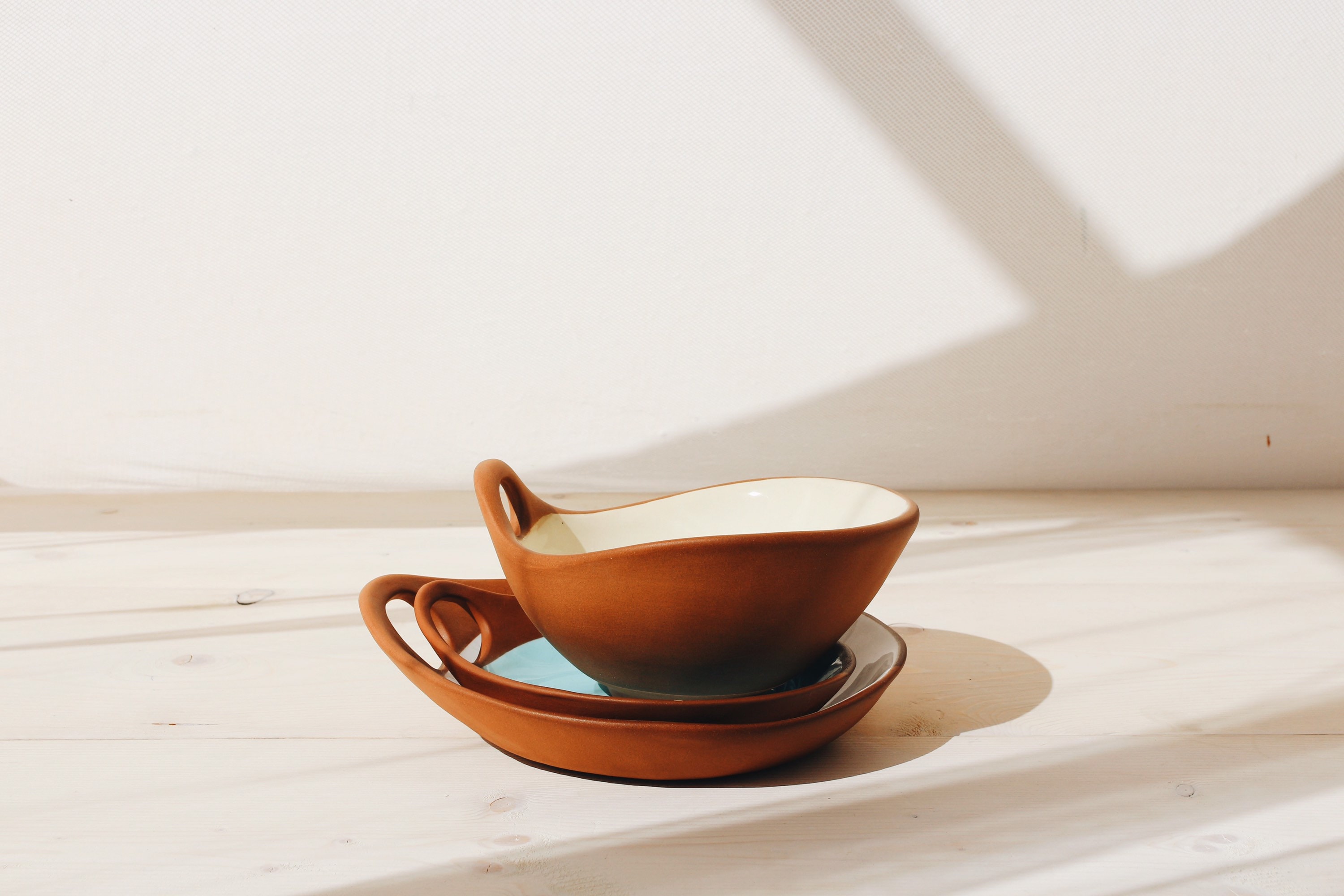 Handmade Ceramic Stoneware Plate and Bowl Set: Ancient Greek Inspired Tableware Set with Handles