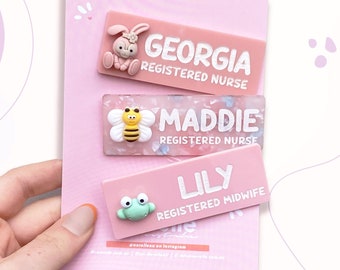 Personalised Work Name Badge with Animal Bunny, Bee, Frog 3D Icon, Name Badge for Work, Personalised Name Badge, Acrylic Name Badge