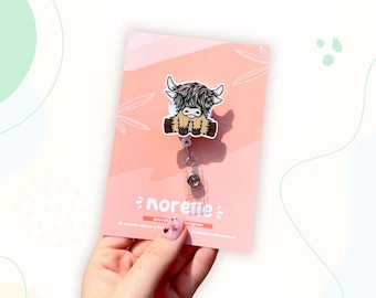 Highland Cow Badge Reel with, Badge Reel Highland Cow Nurse, Badge Reel Student Midwife, Badge Reel Cute, Retractable Badge Reel