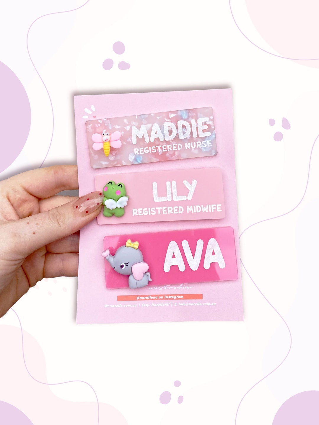 Personalised Work Name Badge With Animal Dragonfly, Angel Frog