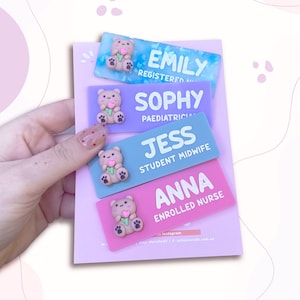 Personalised Work Name Badge with Cute Teddy Holding Flower, Name Badge for Work, Personalised Name Badge, Acrylic Name Badge