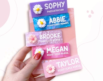 Personalised Work Name Badge with Daisy Flower White Pink 3D Icon, Name Badge for Work, Personalised Name Badge, Acrylic Name Badge