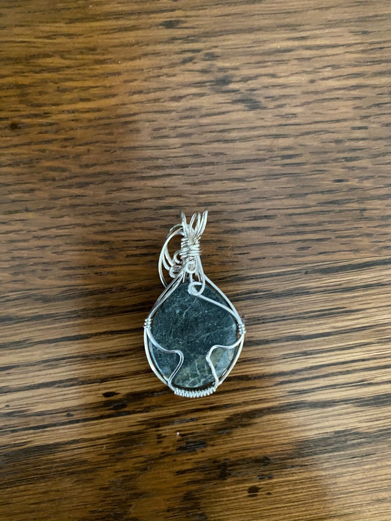 Hand Cut Green Lava Rock Igneous Rock Pendant Sterling Silver Wire Wrapped Jewelry Necklace