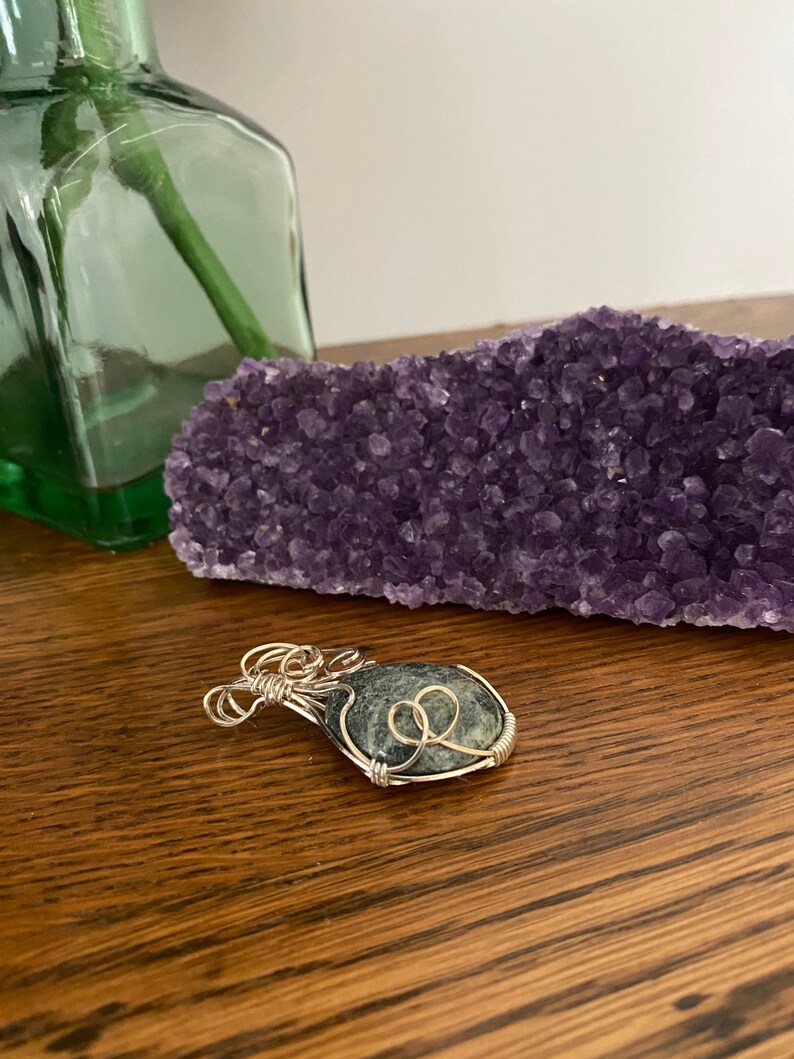 Hand Cut Green Lava Rock Igneous Rock Pendant Sterling Silver Wire Wrapped Jewelry Necklace
