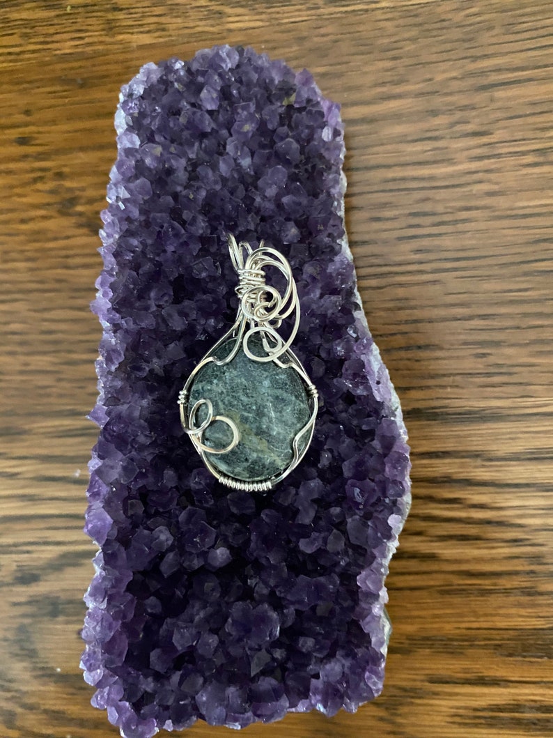 Hand Cut Green Lava Rock Igneous Rock Pendant Sterling Silver Wire Wrapped Jewelry Necklace