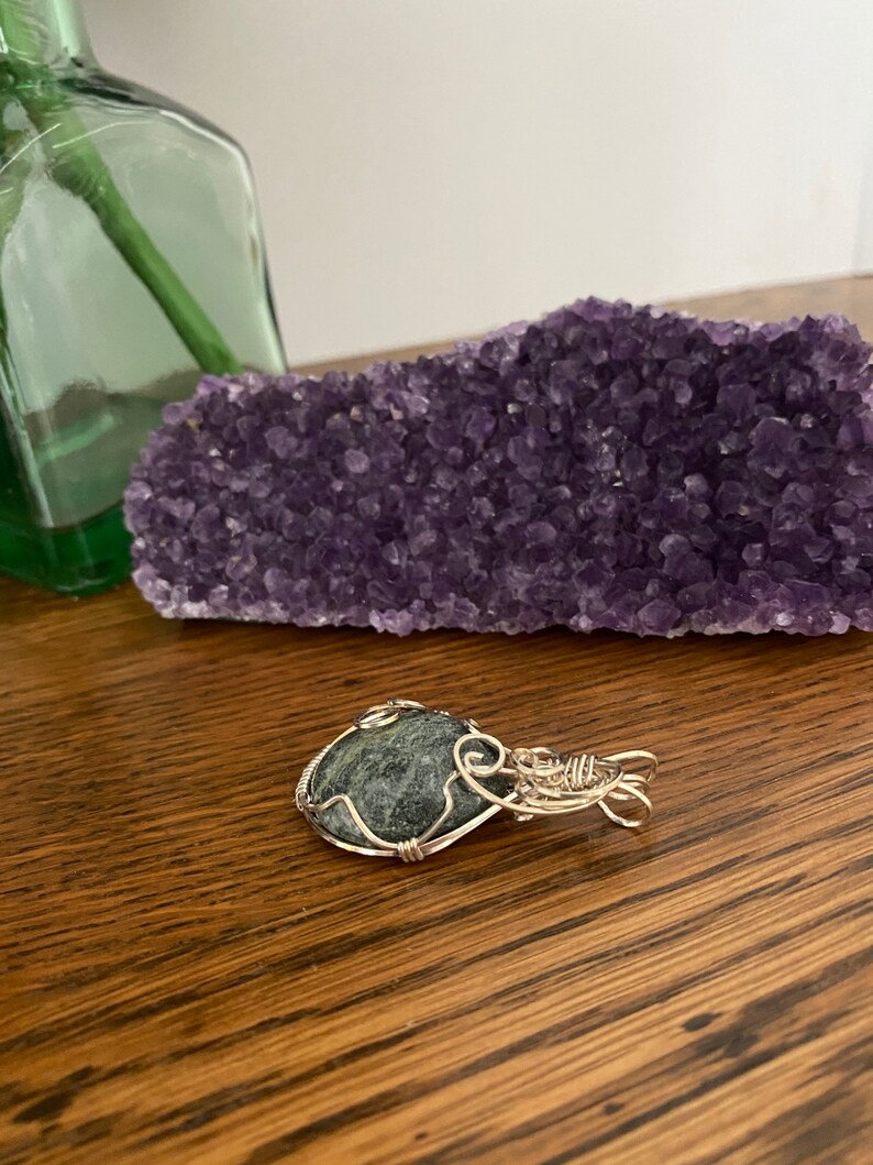 Hand Cut Green Lava Rock Igneous Rock Pendant Sterling Silver Wire Wrapped Jewelry Necklace