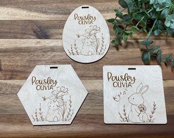 Personalized Wood Easter Basket Tag: Laser Cut Bunny Chick Carrot