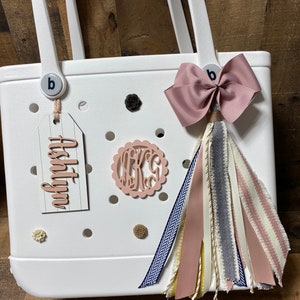 Bogg Bag Tag Monogram Name Acrylic Leopard Blush Tassel Ribbon / Hanging Car Charm / Handbag Bookbag Charm Tag Custom Personalized Pop In
