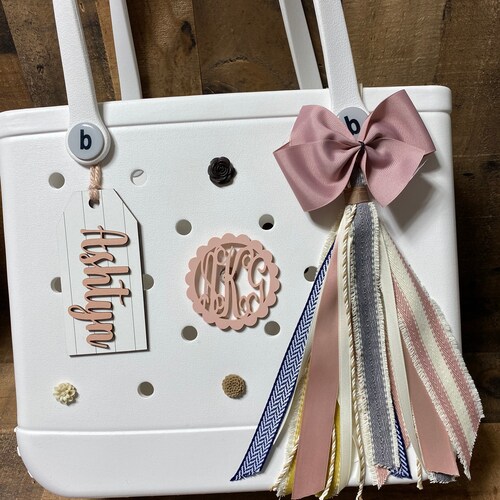 Bogg Bag Tag Monogram Name Acrylic Leopard Blush Tassel Ribbon Etsy
