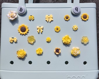 Yellow Bogg Bag Charms: Flowers, Bows, Smiley Faces