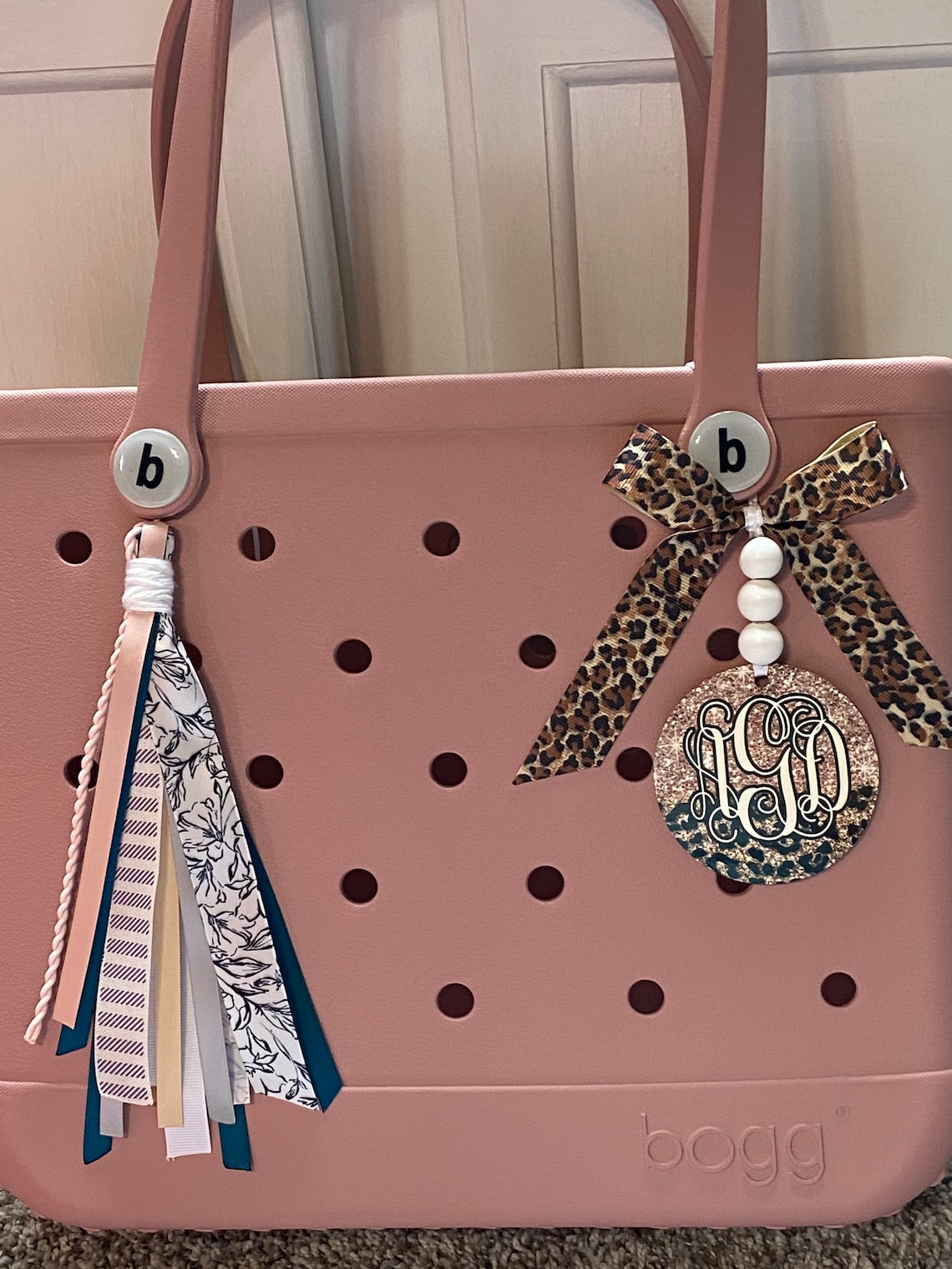 Bogg Bag Tag Monogram Rose Gold Leopard Tassel Ribbon / Car Etsy