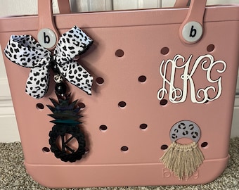 Bogg Bag Tag Monogram Pineapple Black Leopard  Ribbon / Car Charm / Handbag Bookbag Charm Tag Custom Personalized