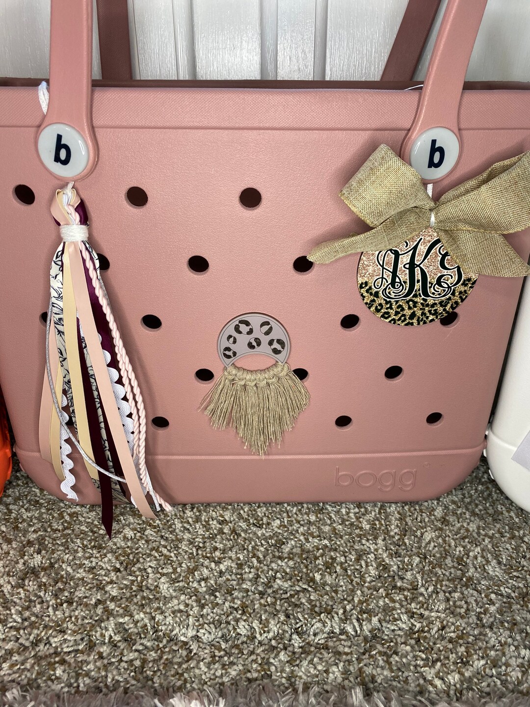 Bogg Bag Tag Monogram Rose Gold Popin Tassel Ribbon / Car Charm / Handbag Bookbag Charm Tag