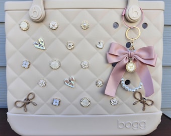 Dainty Pearl Quilted Bogg Bag Charms: Gold, Mauve, Pearls, & Bows