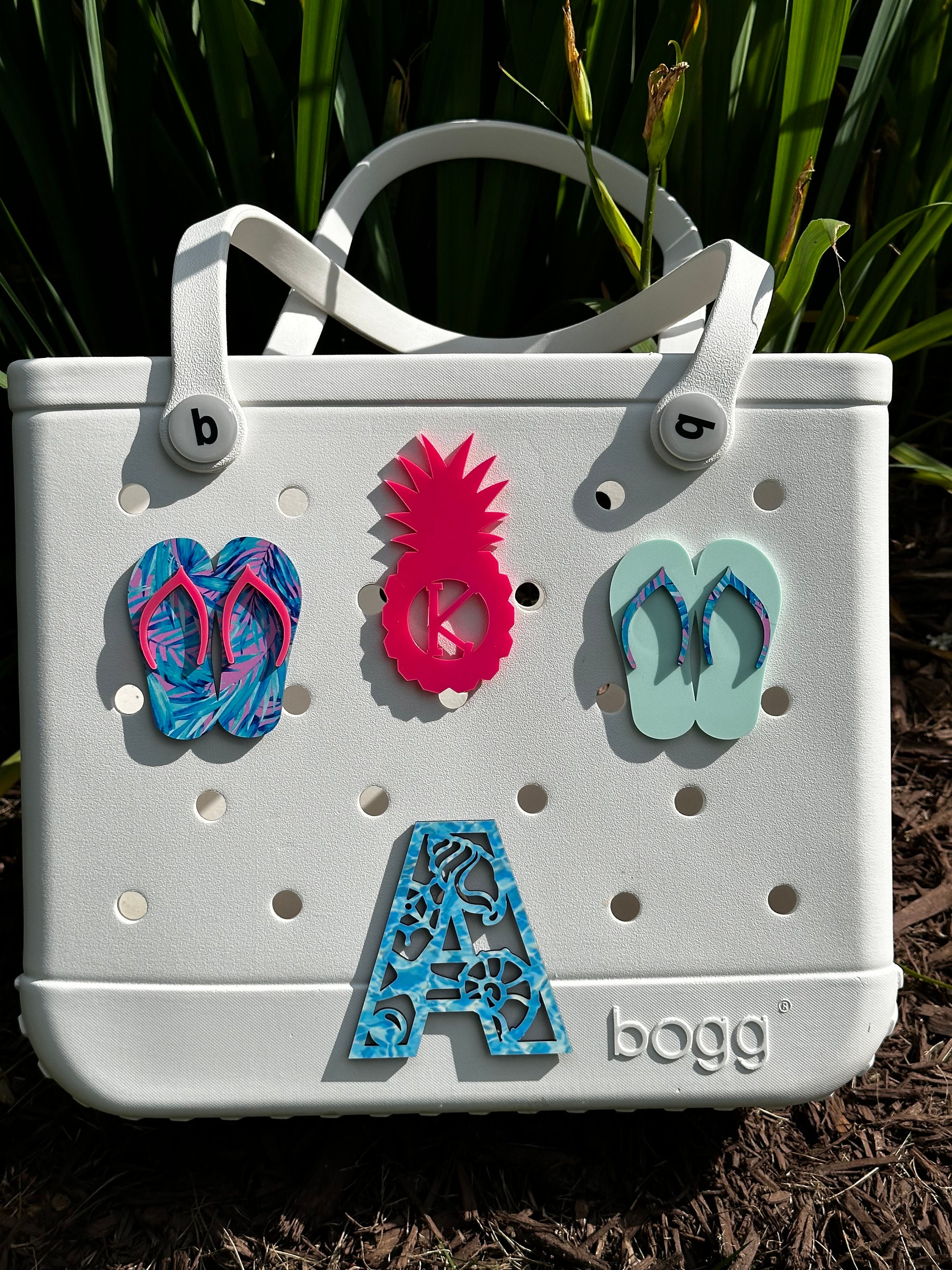 Personalized Bogg Bag Pineapple Initial Mom Tag Monogram Initial Bit Pop In  Flipflops Handbag/Bookbag Charm Tag Custom Letter Ocean Print