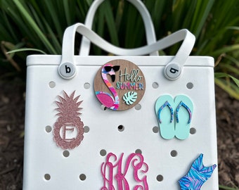 Personalized Bogg Bag Hello SummerTag Monogram Bit Pop In Flipflops Handbag/Bookbag Charm Tag Custom Mom Bag Pineapple Initials Bathingsuit