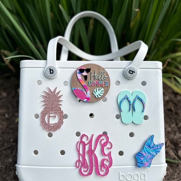 Personalized Bogg Bag Hello SummerTag Monogram Bit Pop In Flipflops Handbag/Bookbag Charm Tag Custom Mom Bag Pineapple Initials Bathingsuit