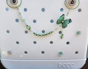 Bogg Bag Handle Bead Chain: Green Butterfly & Pearl Accent