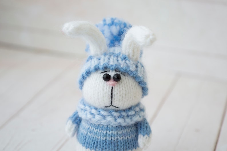 Cute Bunny Plush Amigurumi Rabbit in Hat Figurine Gift for Women Wool Bunny Toy Rabbit Lover Gift Miniature Animal Tiny Bunny Mothers gift