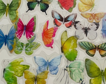20 vinyl transparant vlinder stickerpakket, waterdichte herbruikbare set, heldere kleurrijke vleugels tuin insectenmotten, dagboek boek kaart ambacht