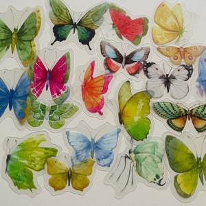 Pacote com 20 adesivos de borboleta transparentes de vinil, conjunto reutilizável à prova d'água, asas coloridas transparentes, insetos de jardim, mariposas, diário, livro, cartão, artesanato