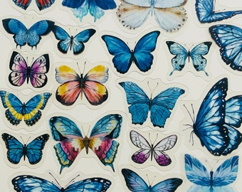 20 vinyl transparant blauwe vlinder stickerpakket, waterdichte herbruikbare set, doorzichtige mooie vleugels tuin insectenmot, dagboek boek kaart ambacht