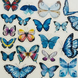 20 vinyl transparant blauwe vlinder stickerpakket, waterdichte herbruikbare set, doorzichtige mooie vleugels tuin insectenmot, dagboek boek kaart ambacht