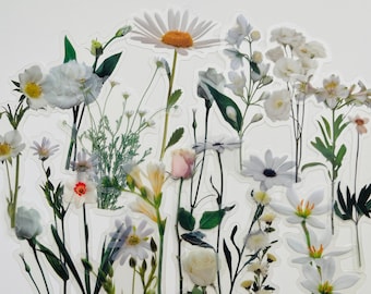 Lot de 20 autocollants en vinyle transparent blanc avec fleurs, ensemble réutilisable imperméable, pétales de fleuriste transparents, fleurs sauvages, tiges, carnets d'art sur verre
