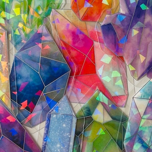 May include: A collection of colorful, iridescent, geometric shapes with a watercolor effect. The shapes are layered on top of each other, creating a sense of depth and dimension.