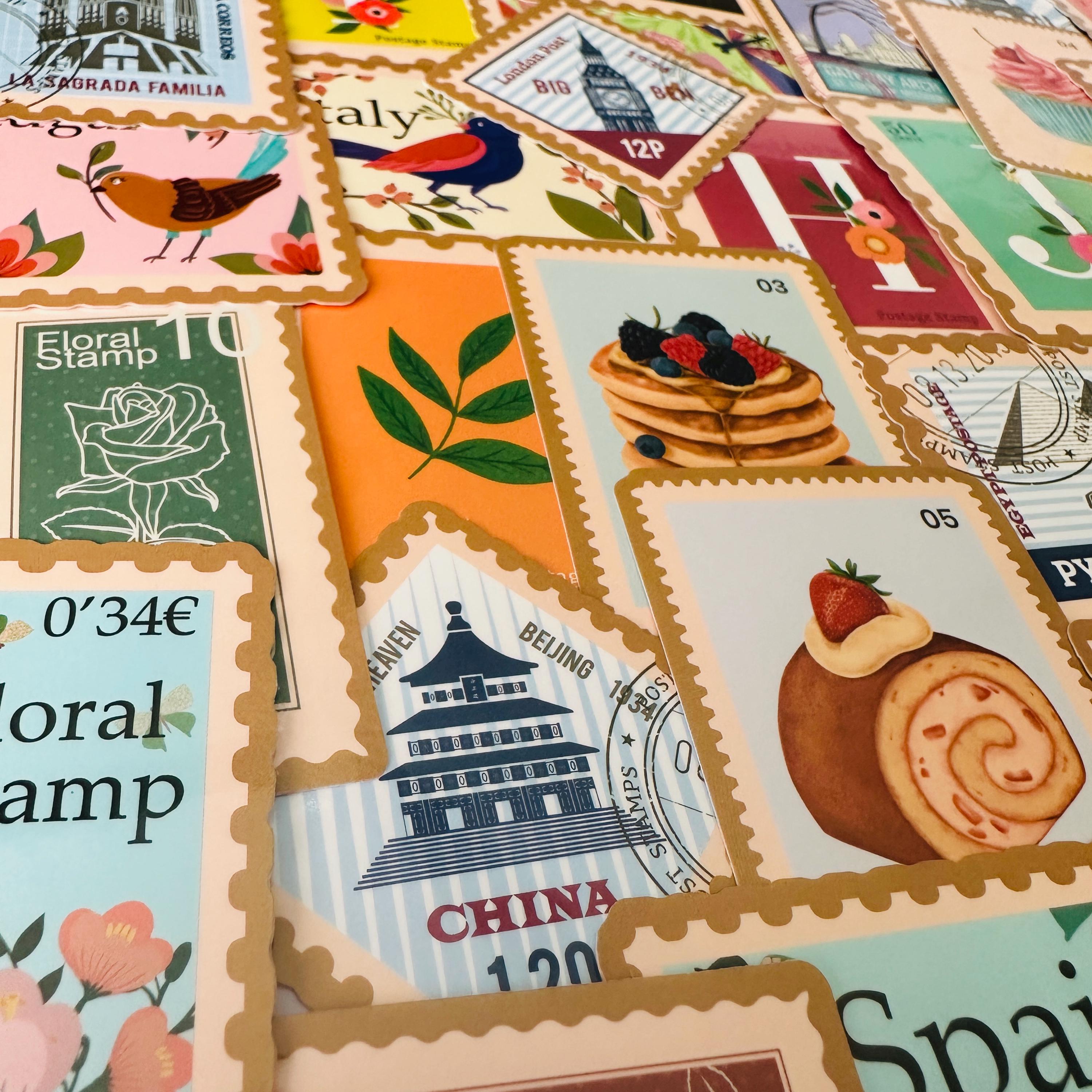 25/50 Vinyl Retro Postage Stamp Stickers, Die Cut Decal Set