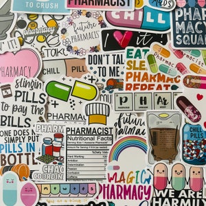 25/50 Vinyl Pharmacist Stickers, Die Cut Decal Set, Waterproof Reusable, Fun Chemist Pharmacy Pills Medication Medical Student, Planner Case