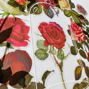 Lot de 11 autocollants roses en vinyle transparents, réutilisables imperméables, bourgeon floral transparent de tige de fleurs assez pressées, carte de journal pour scrapbooking