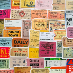 25/50 Vinyl Vintage Ticket Aufkleber, gestanzte Aufkleber Set, wasserdicht wiederverwendbar, Flugreisen Kino Konzert Show Kunst, Journal Planner Fall