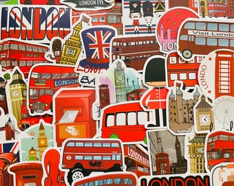 25/50 Vinyl London Stickers, Die Cut Decal Set, Waterproof Reusable, UK Britain England Red Bus Postbox Phone Box, Planner Luggage Travel