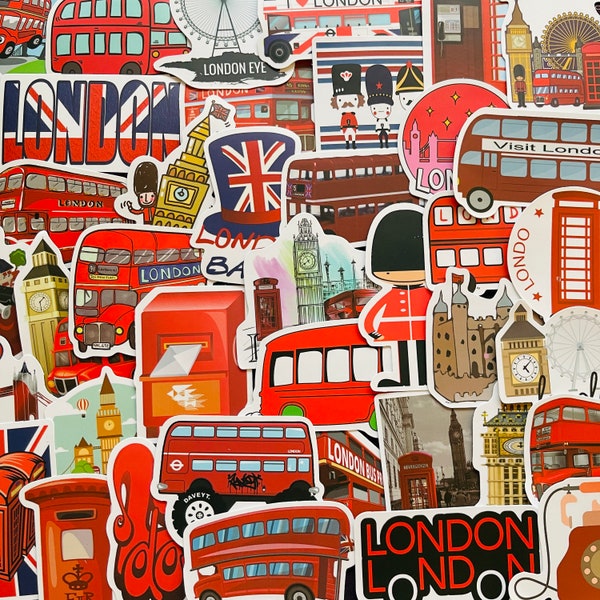 25/50 Vinyl London Stickers, Die Cut Decal Set, Waterproof Reusable, UK Britain England Red Bus Postbox Phone Box, Planner Luggage Travel