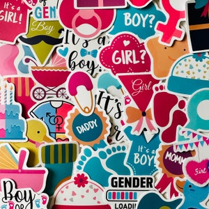 25/50 pegatinas de revelación de género de vinilo, juego de calcomanías troqueladas, reutilizables a prueba de agua, Boy Girl He She Blue Pink, planificador Scrapbook decoraciones de fiesta