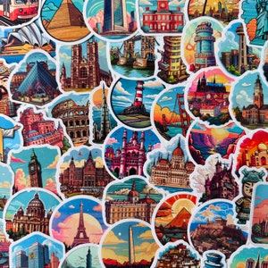 25/50 vinyl reisstickers, gestanste stickerset, waterdicht herbruikbaar, landmark land stad vakantie toeristisch cadeau, planner laptopbagagekoffer