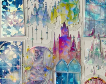 10 Vinyl Shiny Castle Sticker Pack, wiederverwendbares Set, holografisch schillernd gespiegelt klar, Magical Kingdom Princess Fairy, Fensterkartenhandwerk