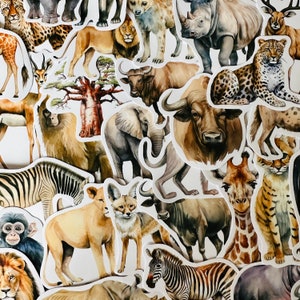 25/50 Adesivos de vinil de animais africanos, conjunto de decalques reutilizáveis à prova d'água, safári selvagem na savana, leão-zebra, gatos-cheetah, decoração de arte para laptop de diário