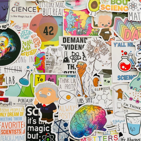 25/50 Vinyl Science Stickers, Die Cut Decal Set, Waterproof Reusable, Chemistry Physics Biology Lab Teacher Student, Planner Laptop Case Art