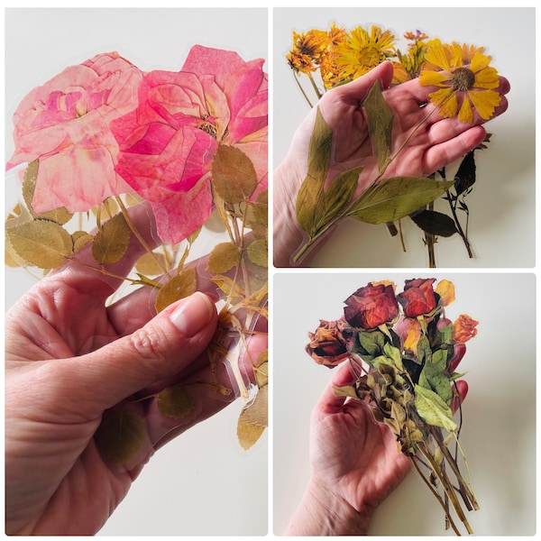 Lot de 6 grands autocollants en vinyle transparent avec fleurs sauvages, imperméables réutilisables, fleurs pressées transparentes, tige florale, rose, tournesol, création de cartes pour carnet