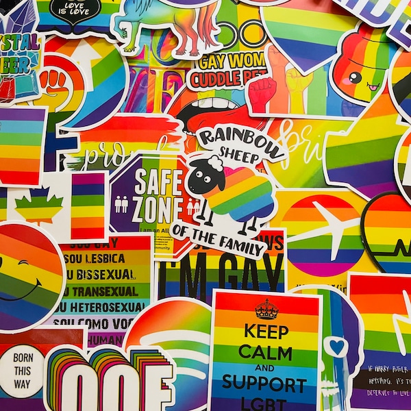 25/50 Vinyl Rainbow Pride Stickers, Die Cut Decal Set, Waterproof Reusable, LGBTQ+ Gay Lesbian Equality Ally Love Flag, Planner Decor Gift