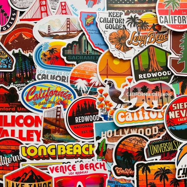 25/50 Vinyl California Stickers, Die Cut Decal Set, Waterproof Reusable, USA CA State LA Hollywood San Francisco Coast, Travel Journal Car