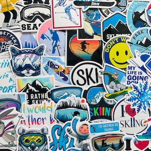 25/50 Vinyl Skiing Stickers, Die Cut Decal Set, Waterproof Reusable, Alpine Mountain Winter Ski Snowboard Piste, Laptop Luggage Case Gift