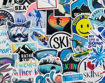 25/50 Vinyl Skiing Stickers, Die Cut Decal Set, Waterproof Reusable, Alpine Mountain Winter Ski Snowboard Piste, Laptop Luggage Case Gift