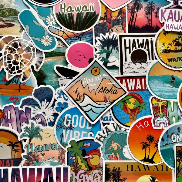 25/50 Vinyl Hawaii Stickers, Die Cut Decal Set, Waterproof Reusable, HI US State Travel Vacation Maui Waikiki Oahu Lanai Aloha, Laptop Case